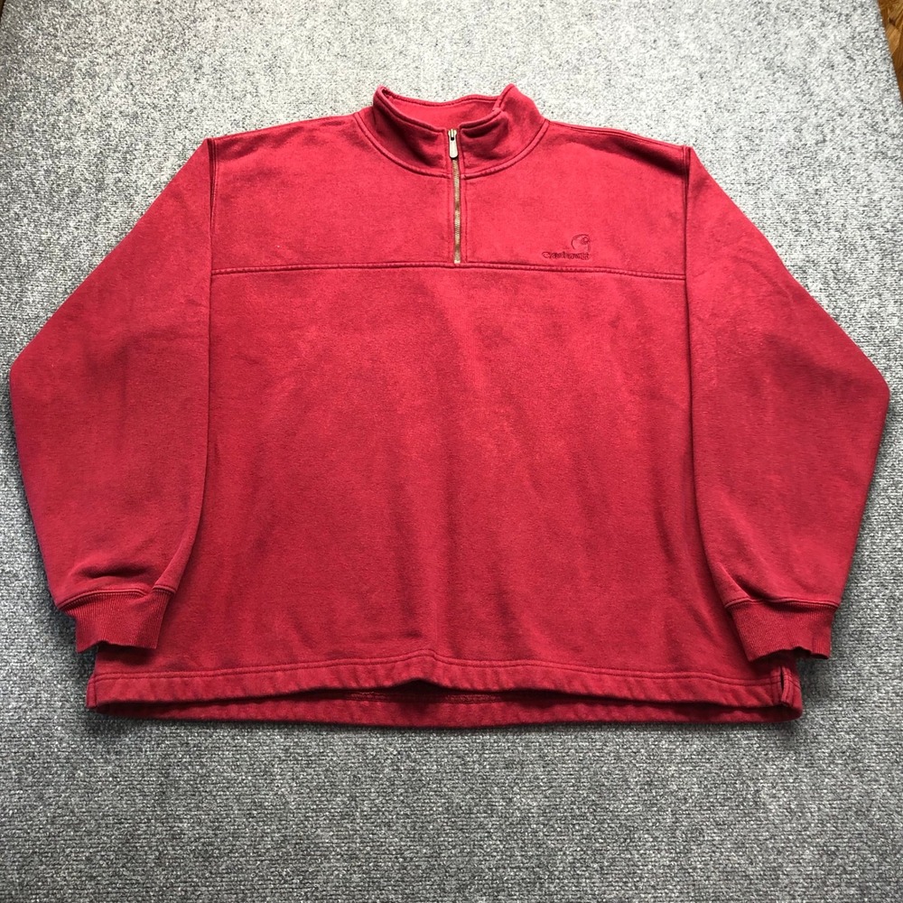 Carhartt Mens 2XL Red Quarter Zip Pullover Sweatshirt Workwear Mock Neck Logo